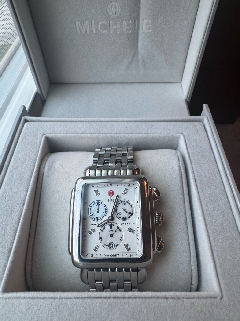 Michele Deco Diamond Womens Chronograph Watch With Mother Of Pearl Dial